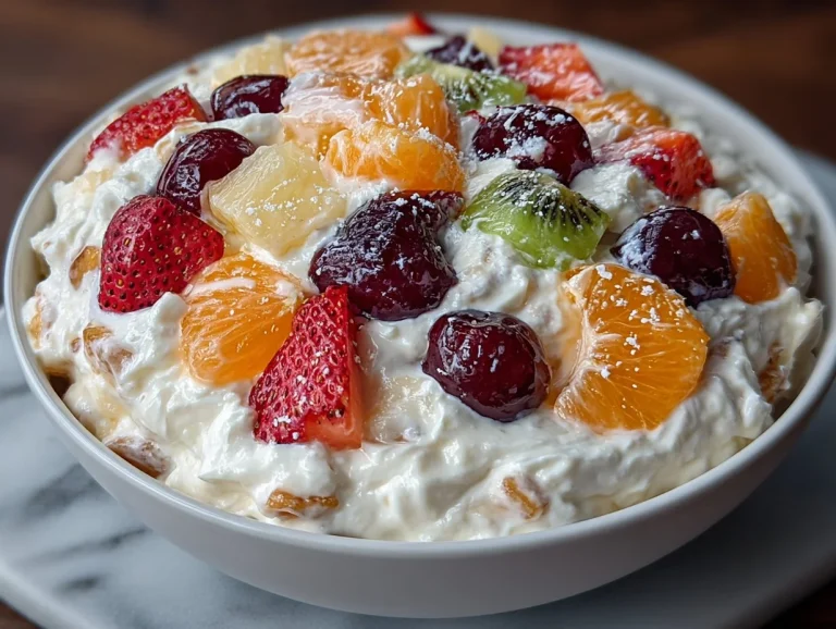 Bowl of Mom's Creamy New York Fruit Salad with fresh fruits and creamy dressing
