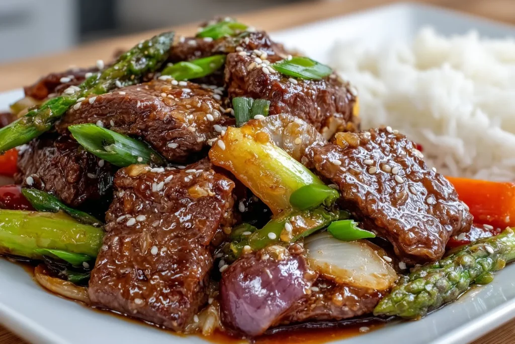 Plate of delicious Mongolian Beef stir-fry with green onions and sesame seeds