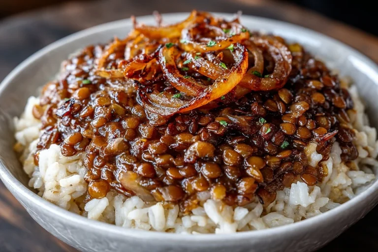 Plate of Mujadara featuring lentils, rice, and caramelized onions.