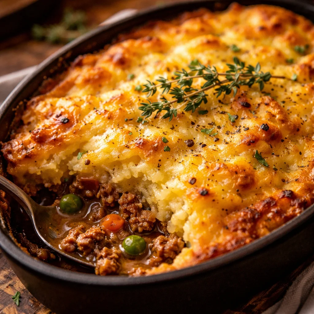 Delicious Mum’s Traditional Cottage Pie served in a rustic dish