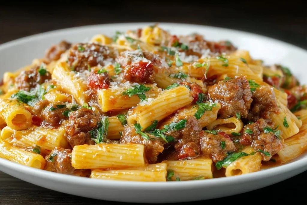 One Pot Cheesy Sausage Pasta in a bowl, garnished with herbs and cheese.