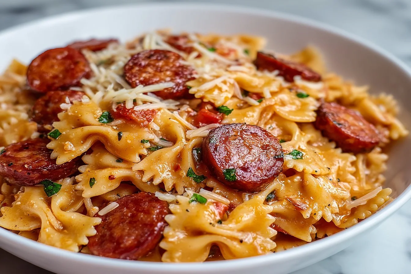 One-Pot Smoked Sausage Pasta with colorful vegetables in a bowl