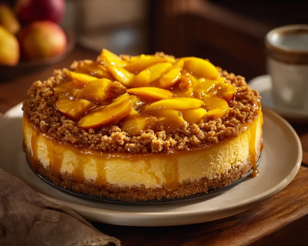 Slice of peach cobbler cheesecake topped with fresh peaches and whipped cream