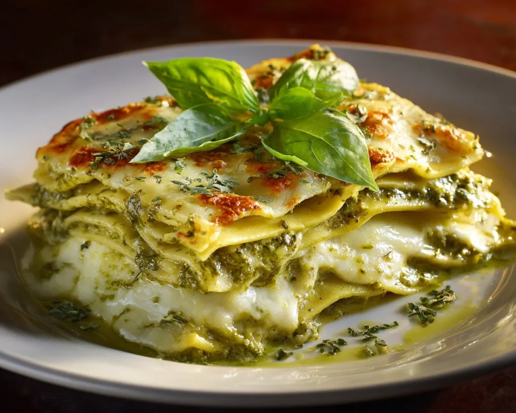 Deliciously layered Pesto Lasagna with cheese and fresh basil