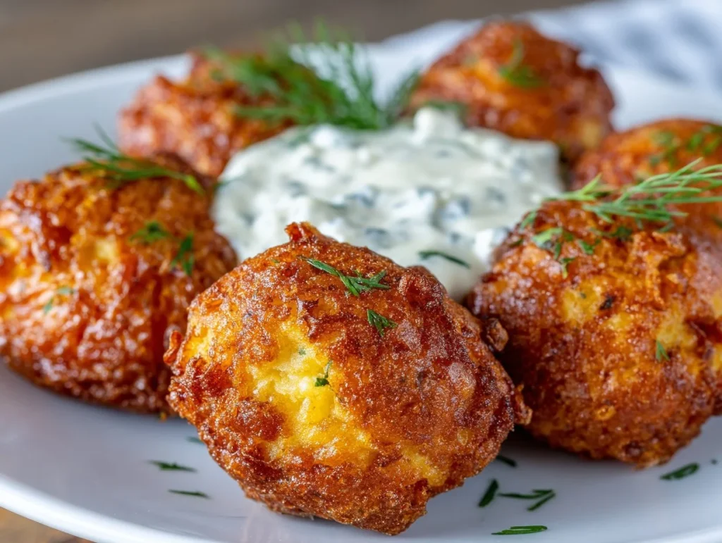 Crispy pickle fritters served on a plate with dipping sauce