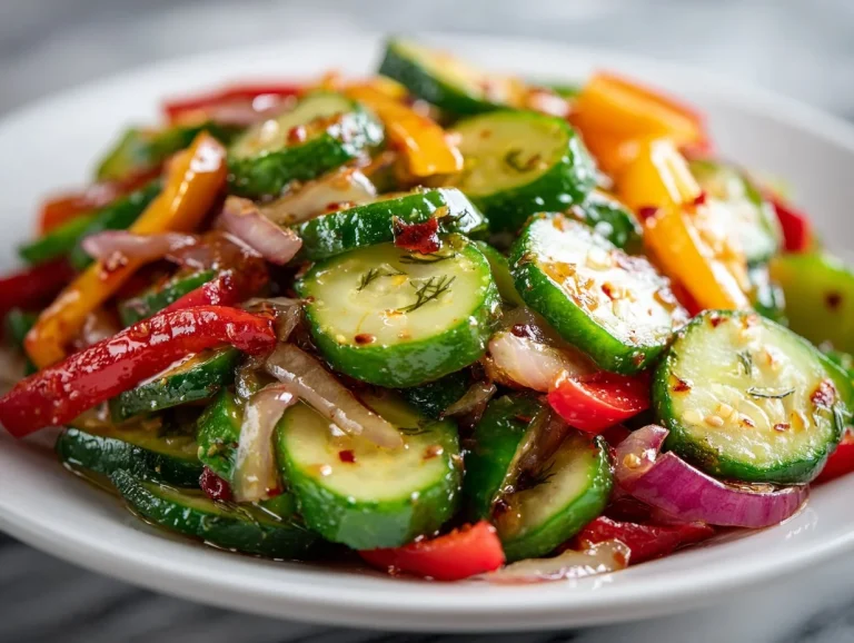 Colorful pickled salad with cucumbers, onions, and bell peppers in a bowl