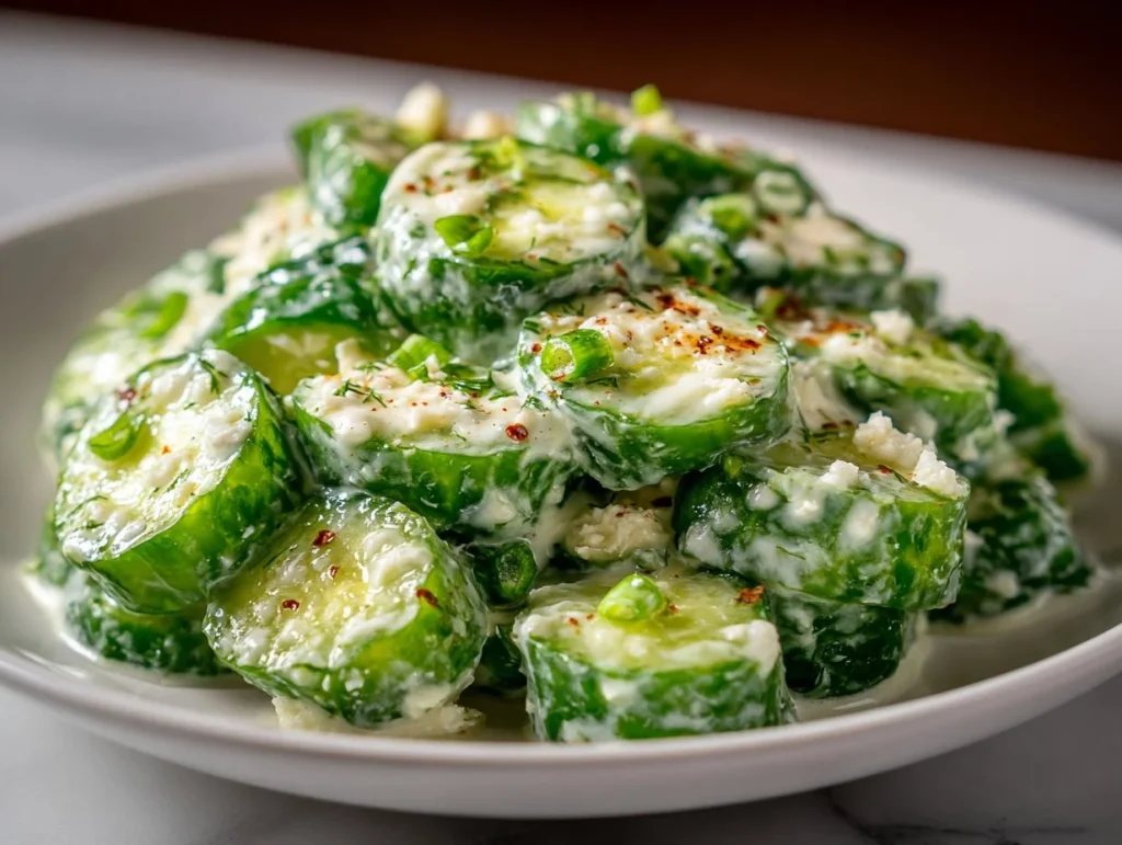 Bowl of Polish Cucumber Salad (Mizeria) with creamy dressing and fresh cucumbers