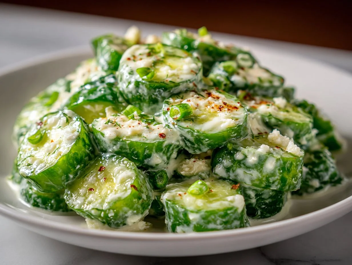 Bowl of Polish Cucumber Salad (Mizeria) with creamy dressing and fresh cucumbers