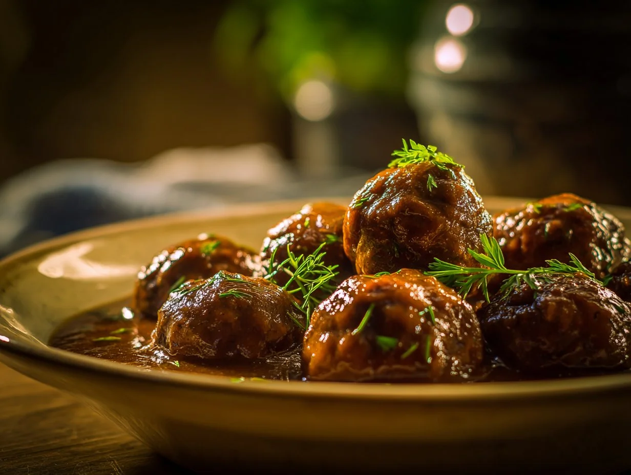 Delicious slow cooker meatballs served with Salisbury steak sauce.