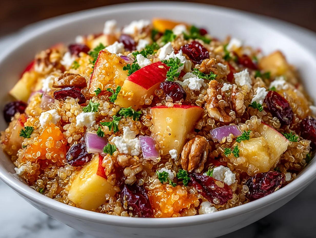 Healthy quinoa apple salad with fresh ingredients and vibrant colors.