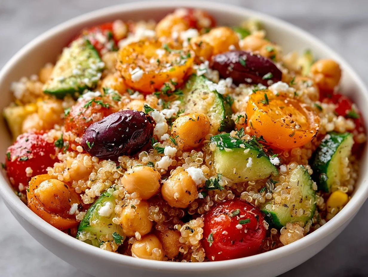 Delicious Quinoa Chickpea Salad with fresh vegetables and herbs