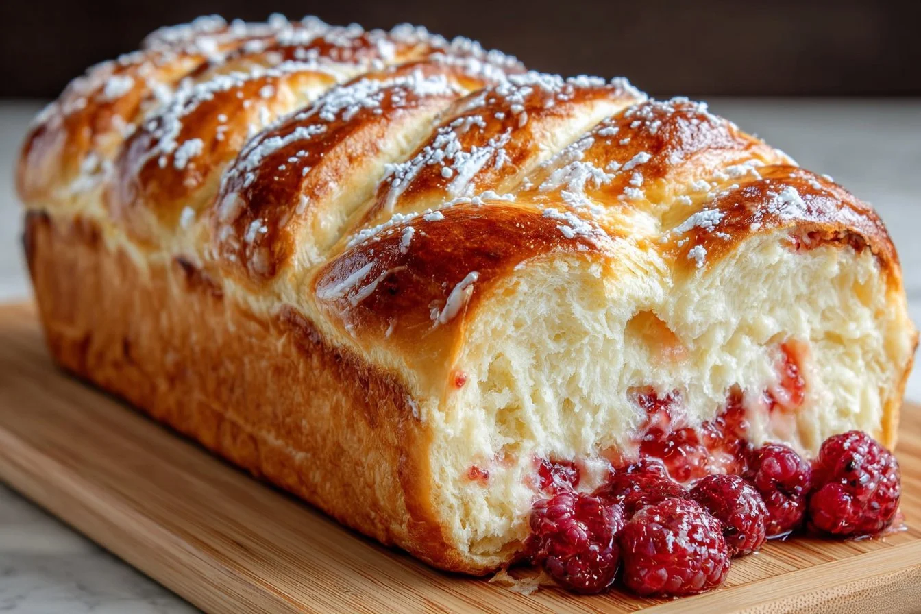 Raspberry Swirl Brioche Loaf with soft texture and vibrant raspberry filling