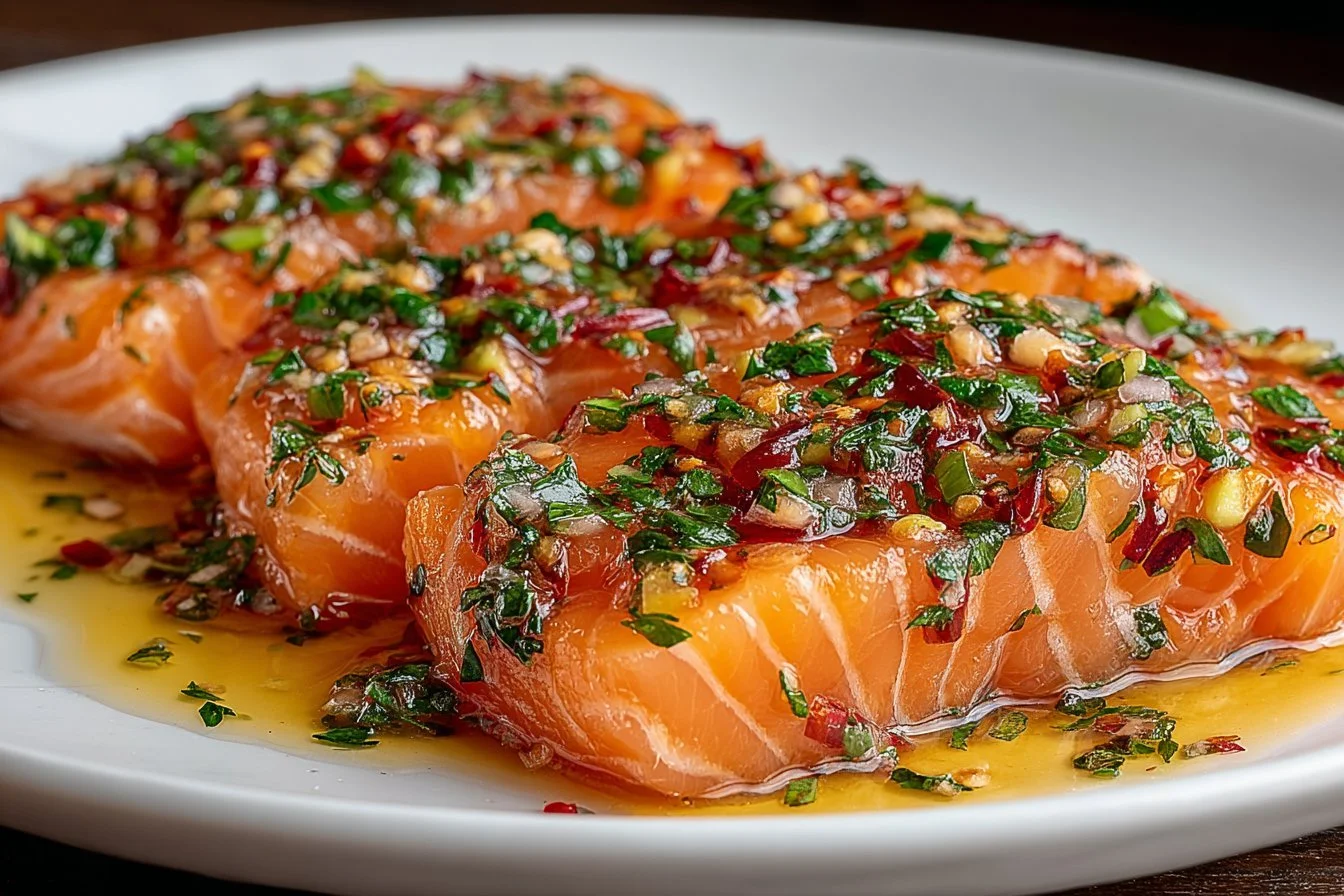 Raw salmon prepared with citrus and fresh herbs for a vibrant dish