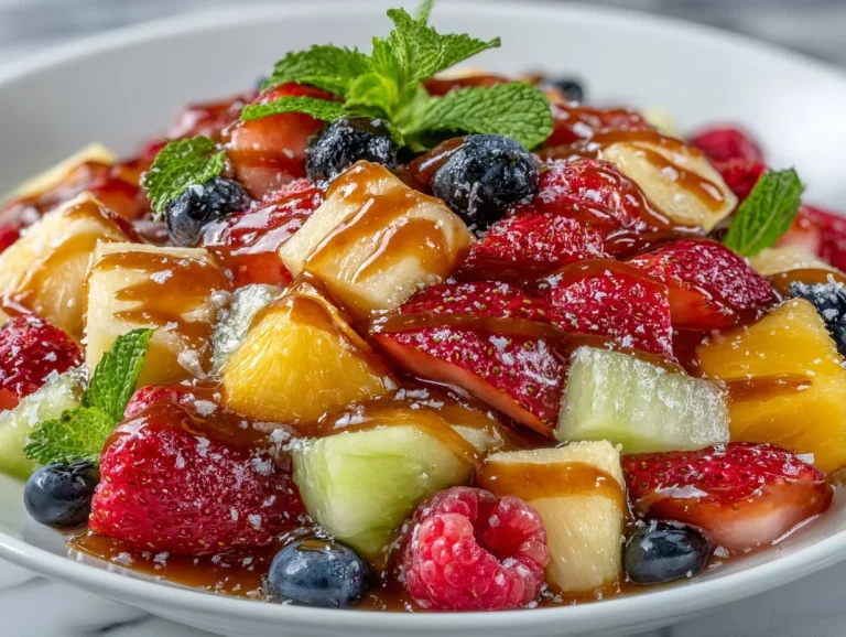 Bowl of colorful fruit salad topped with refreshing fruit salad dressing