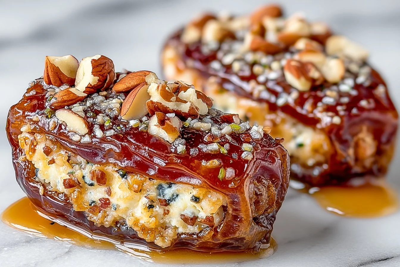 Roasted stuffed dates filled with creamy cheese and nuts, a delightful appetizer.