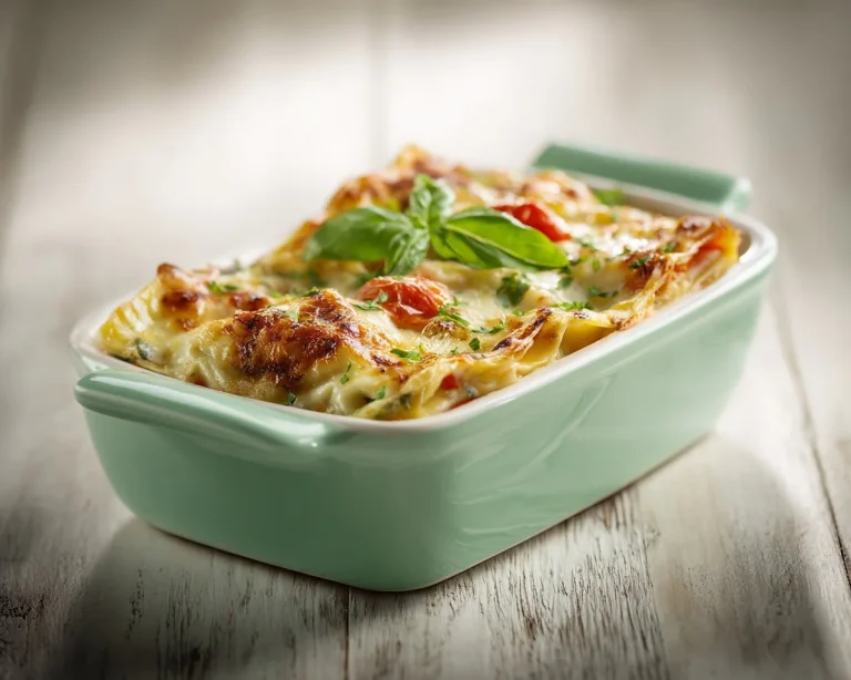 Roasted vegetable lasagne layered with fresh vegetables and cheese