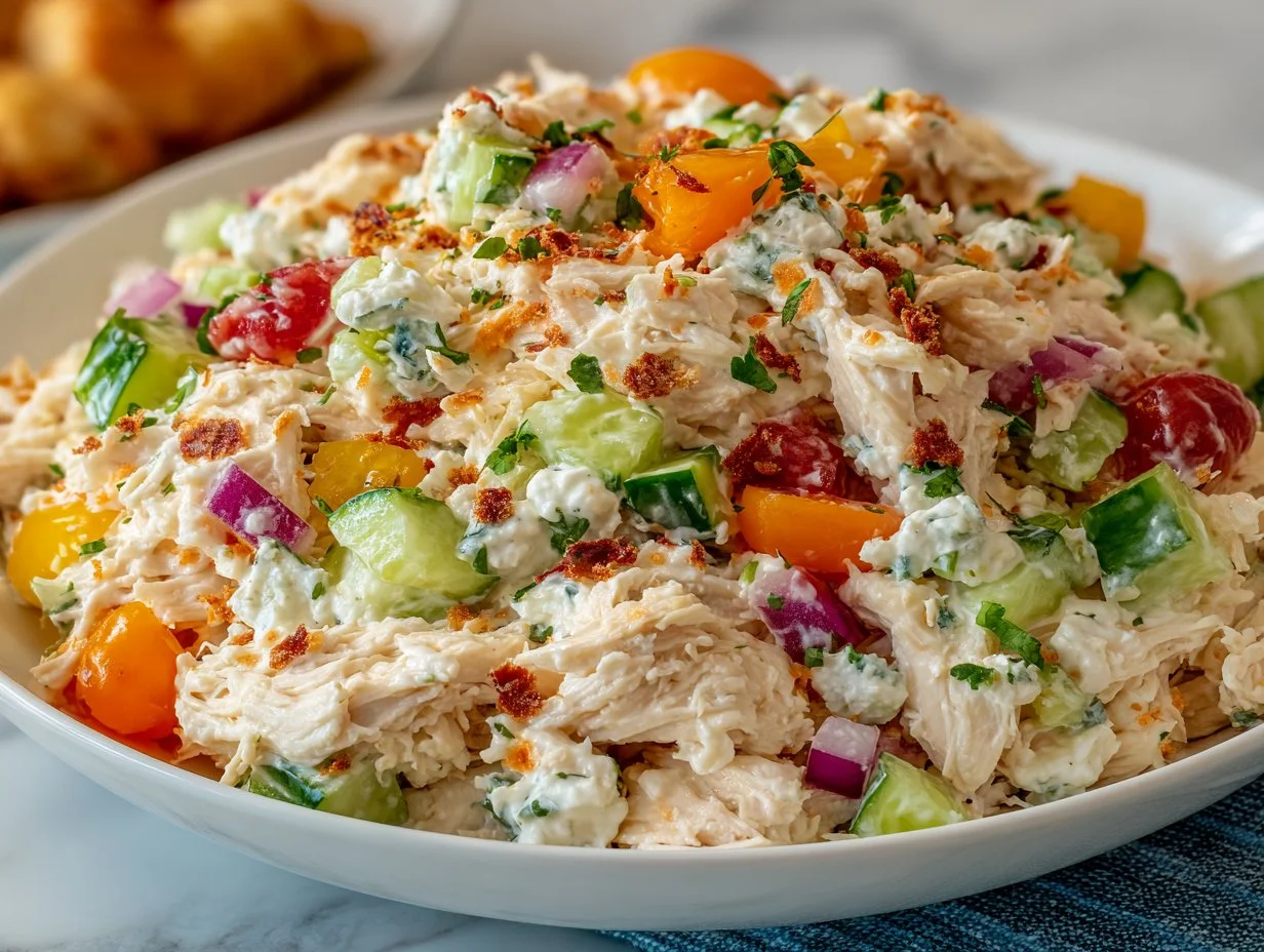 A bowl of fresh and colorful rotisserie chicken salad with vegetables.