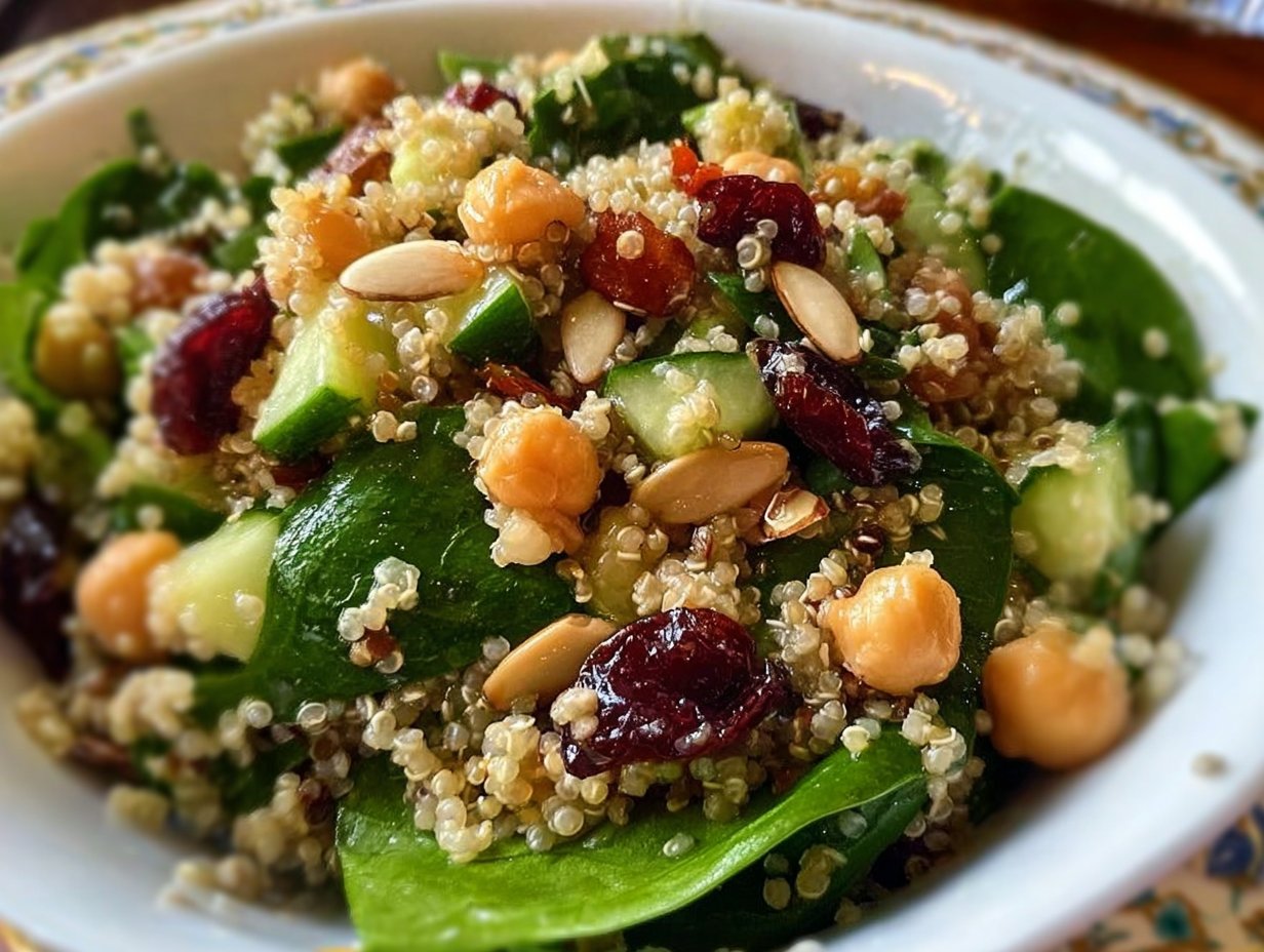 Delicious Spinach and Quinoa Salad Recipe with Chickpeas and Cherries