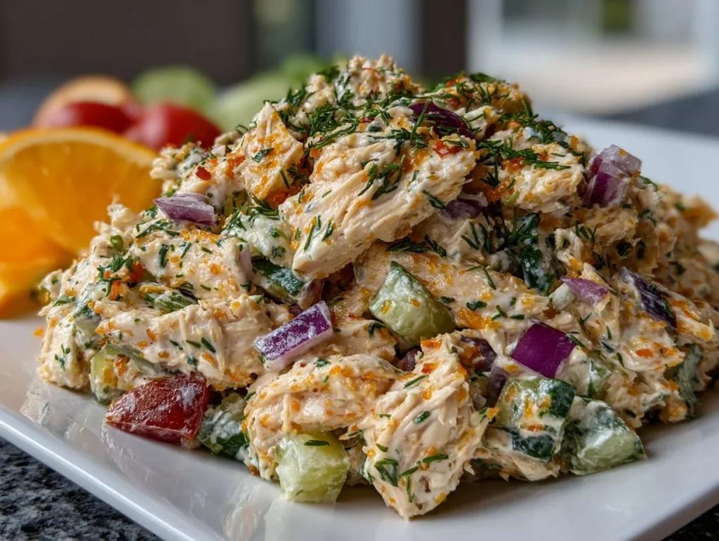 Bowl of savory Dill Pickle Chicken Salad with fresh ingredients