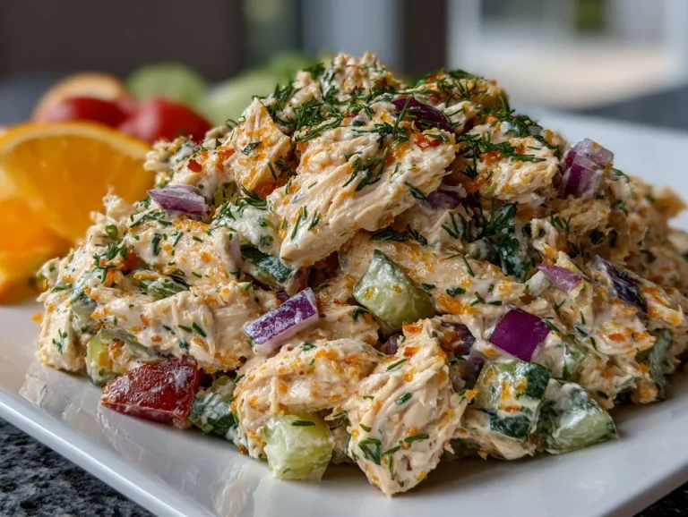 Bowl of savory Dill Pickle Chicken Salad with fresh ingredients