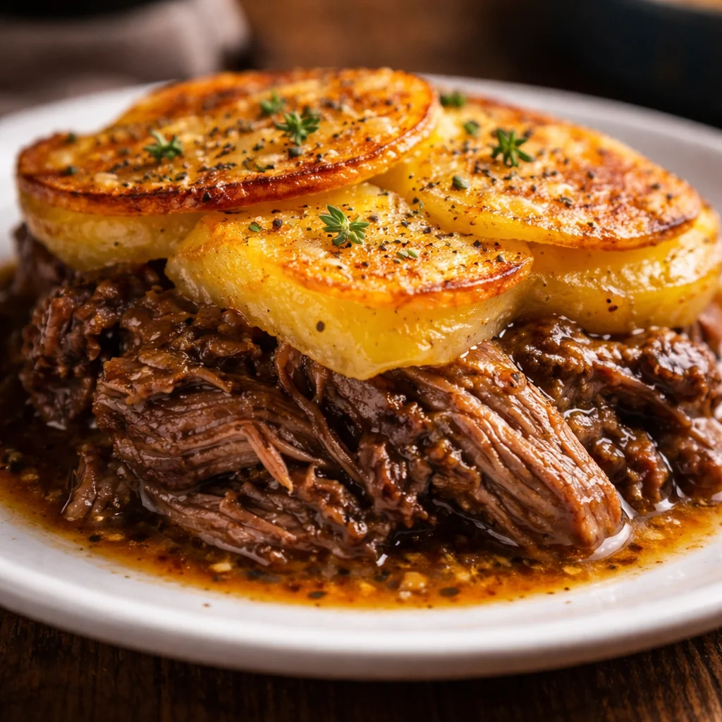 Savory Lancashire hotpot with tender beef and vegetables in a baking dish.