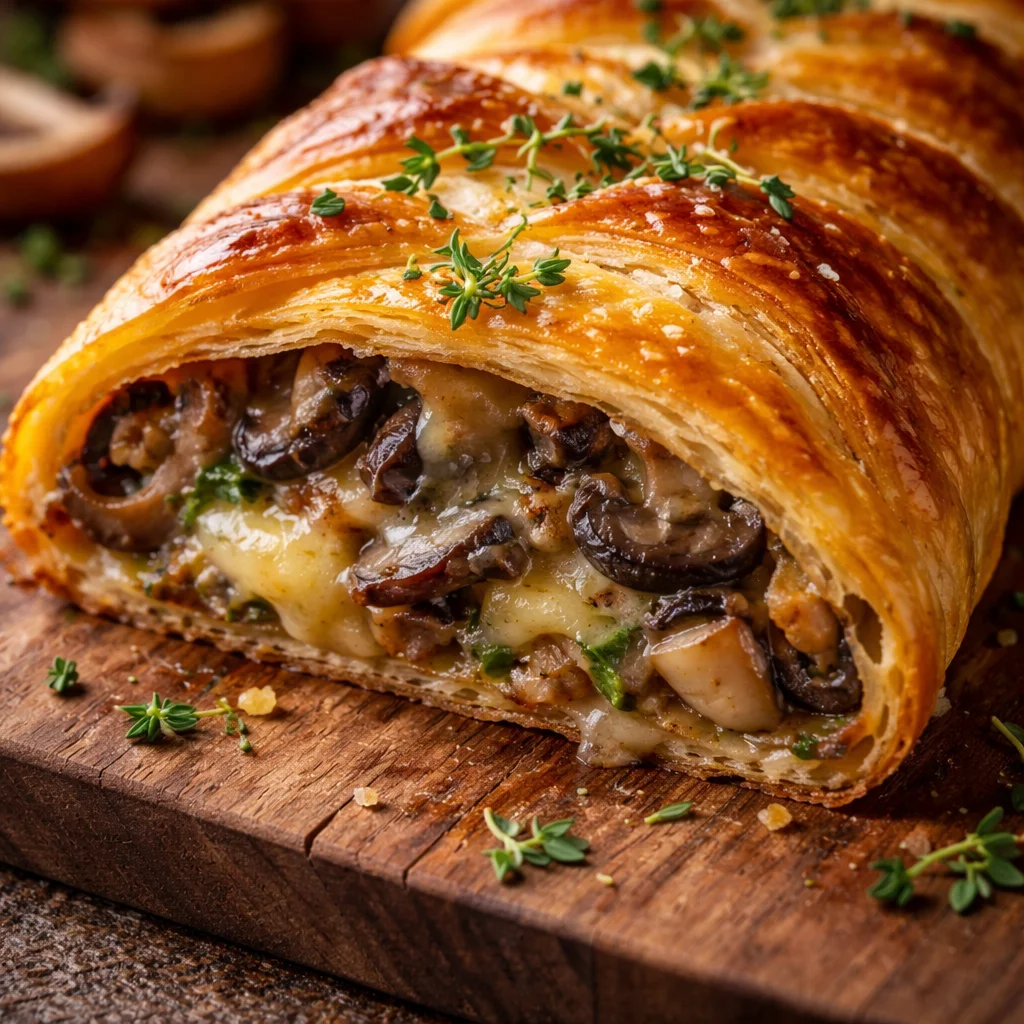Savory mushroom and Gruyère puff pastry braid on a wooden serving board