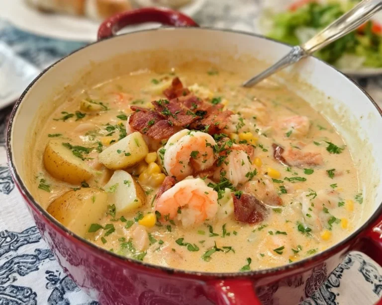 Delicious bowl of creamy seafood chowder with shrimp and clams