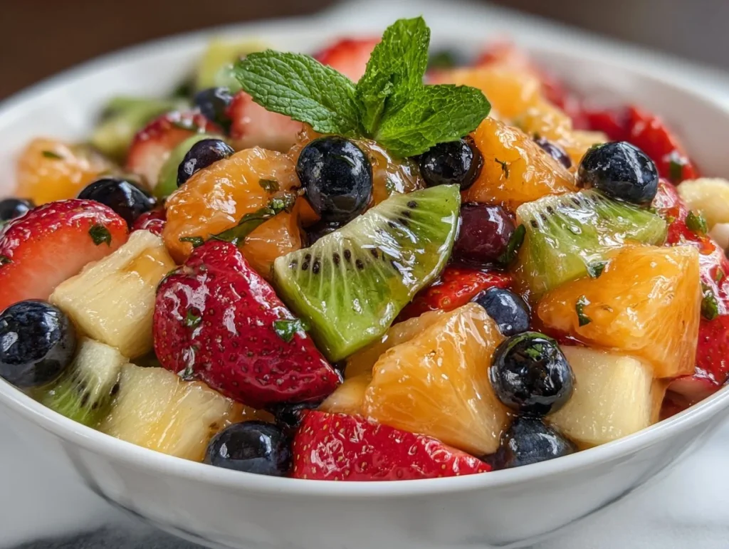 Colorful seasonal brunch fruit salad with fresh berries, citrus, and melons.