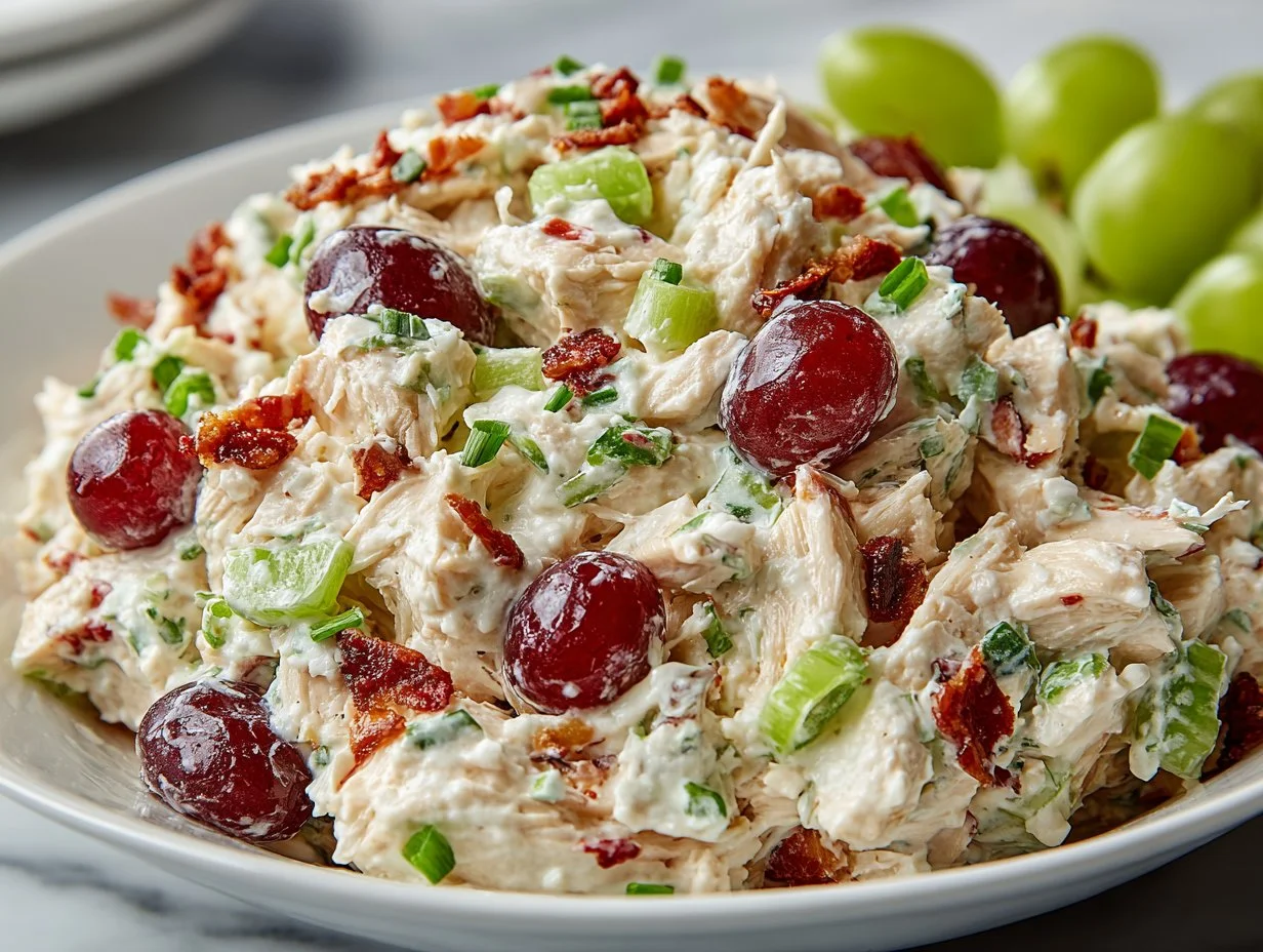 Bowl of simple and delicious chicken salad with fresh ingredients