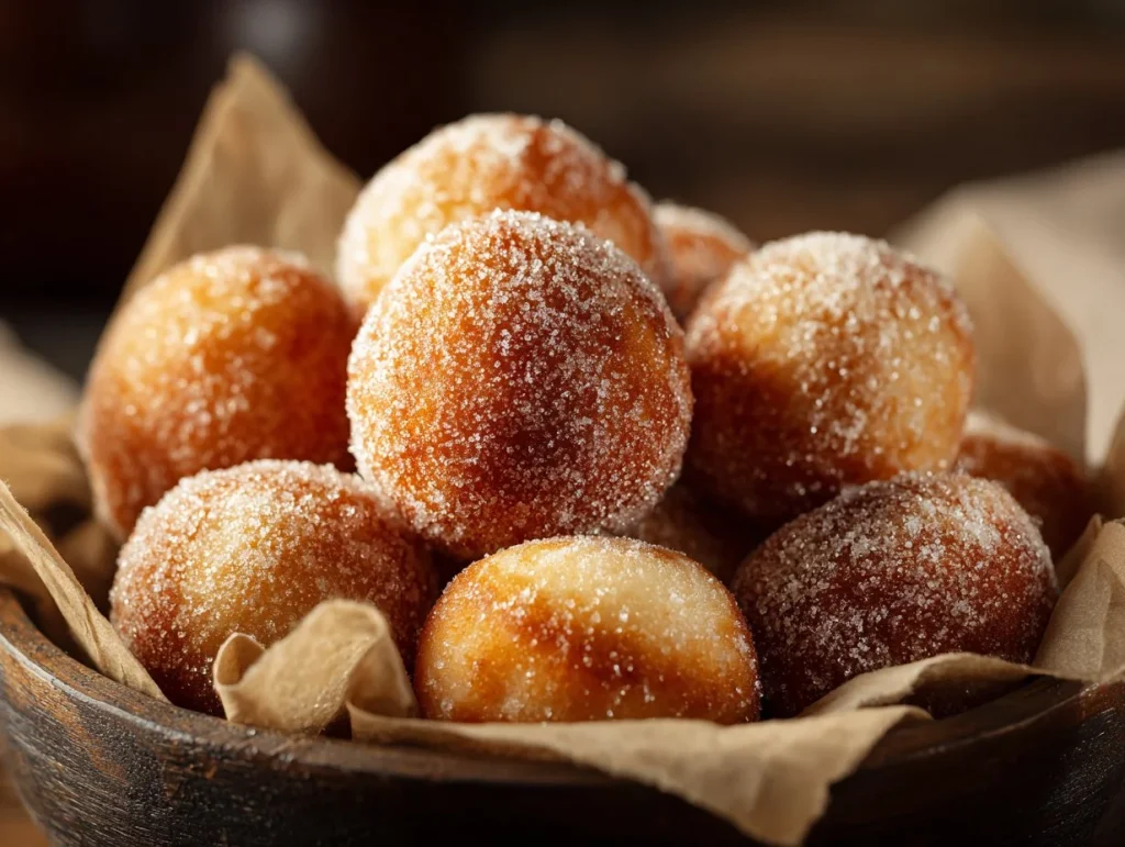 Homemade simple sugar donut topped with a sprinkle of sugar.