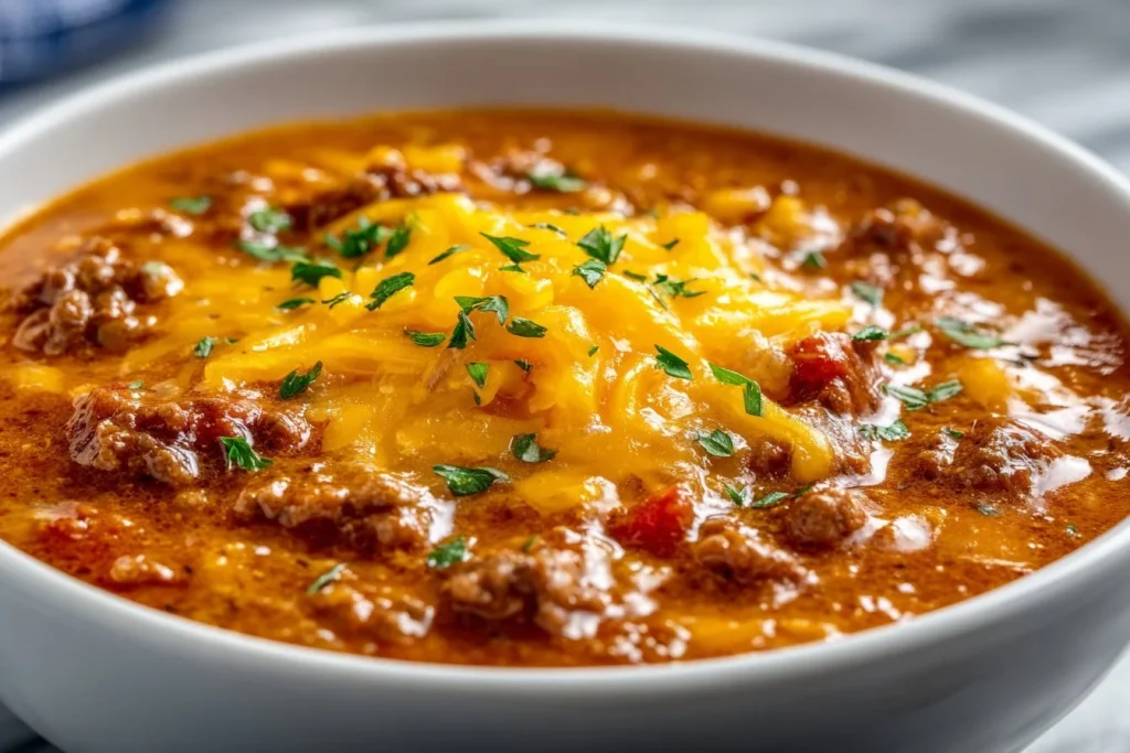 Delicious slow-cooked cheeseburger soup garnished with fresh herbs