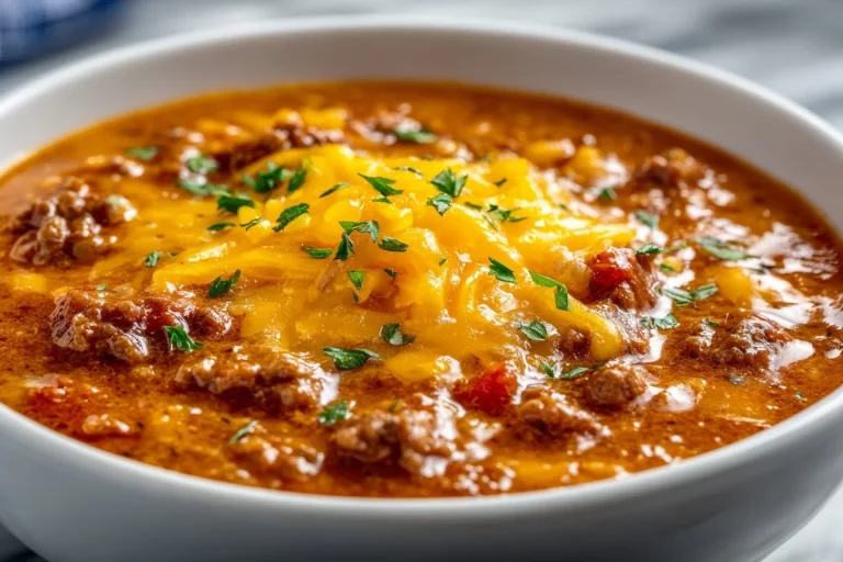 Delicious slow-cooked cheeseburger soup garnished with fresh herbs