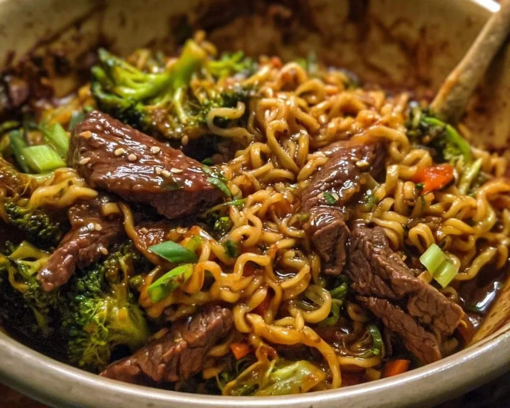 Delicious slow cooker beef and broccoli ramen in a bowl with chopsticks