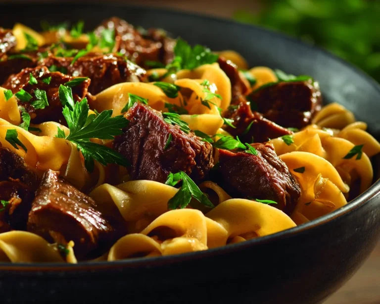 A bowl of Slow Cooker Beef and Noodles garnished with herbs.