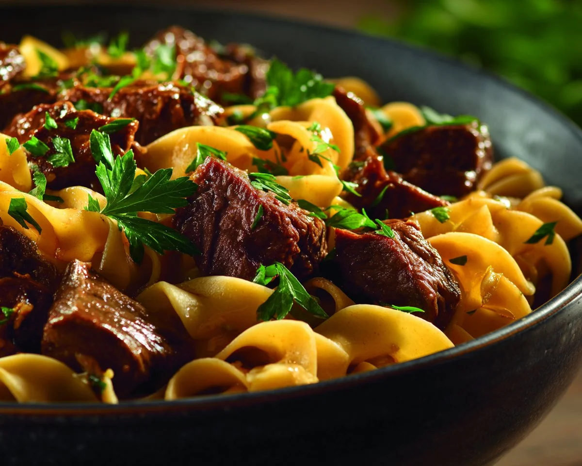 A bowl of Slow Cooker Beef and Noodles garnished with herbs.
