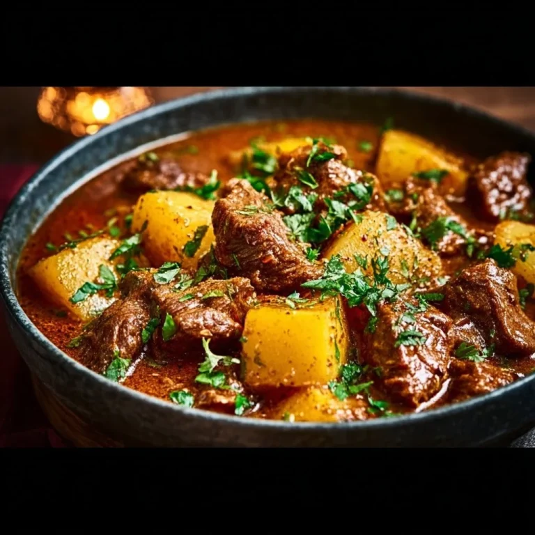 Delicious slow cooker beef curry with tender potatoes in a flavorful sauce.