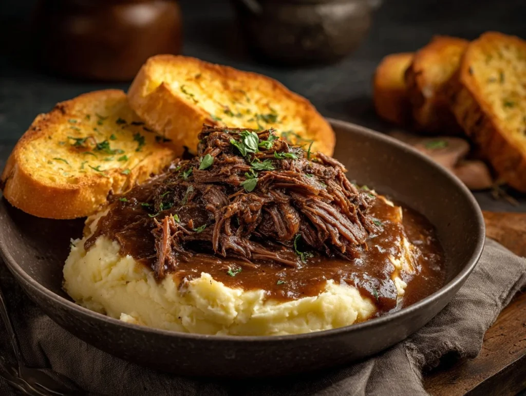 Slow Cooker Beef Manhattan dish served with sides and gravy