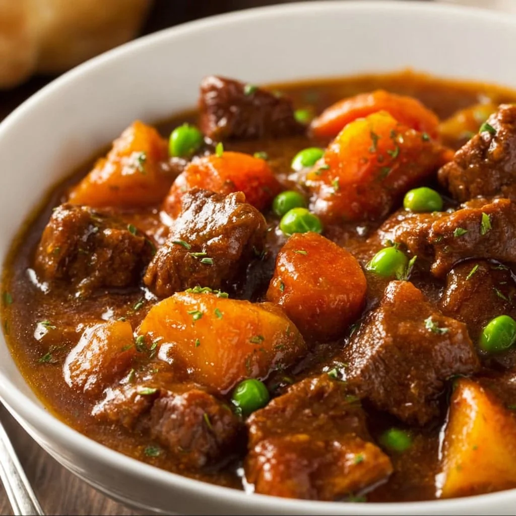 Delicious slow cooker beef stew with vegetables and herbs in a bowl