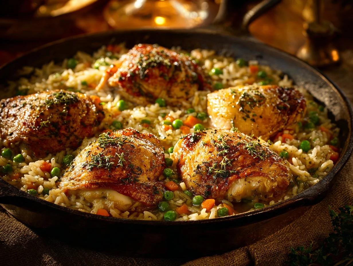 Slow Cooker Chicken and Rice dish served with vegetables and herbs
