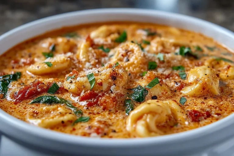 Bowl of creamy tortellini soup made in a slow cooker with fresh herbs and vegetables.