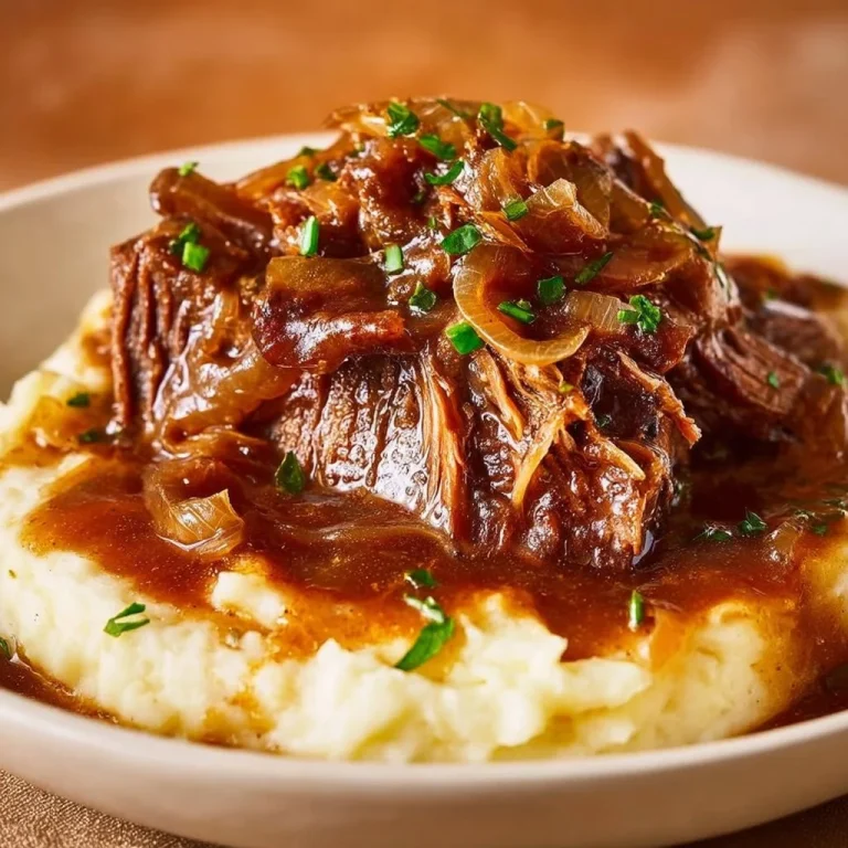 Slow cooker French onion pot roast with melted cheese and onions.