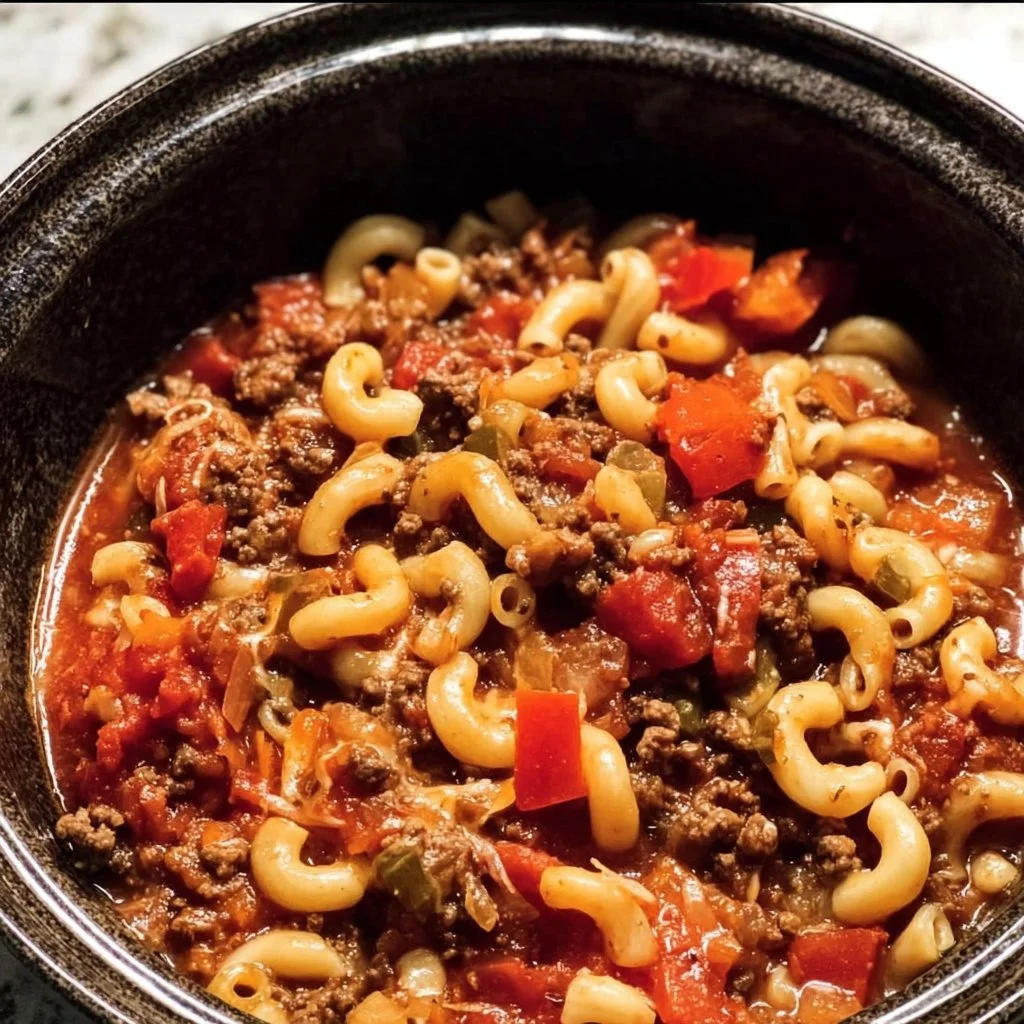 Bowl of slow cooker goulash with vegetables and pasta