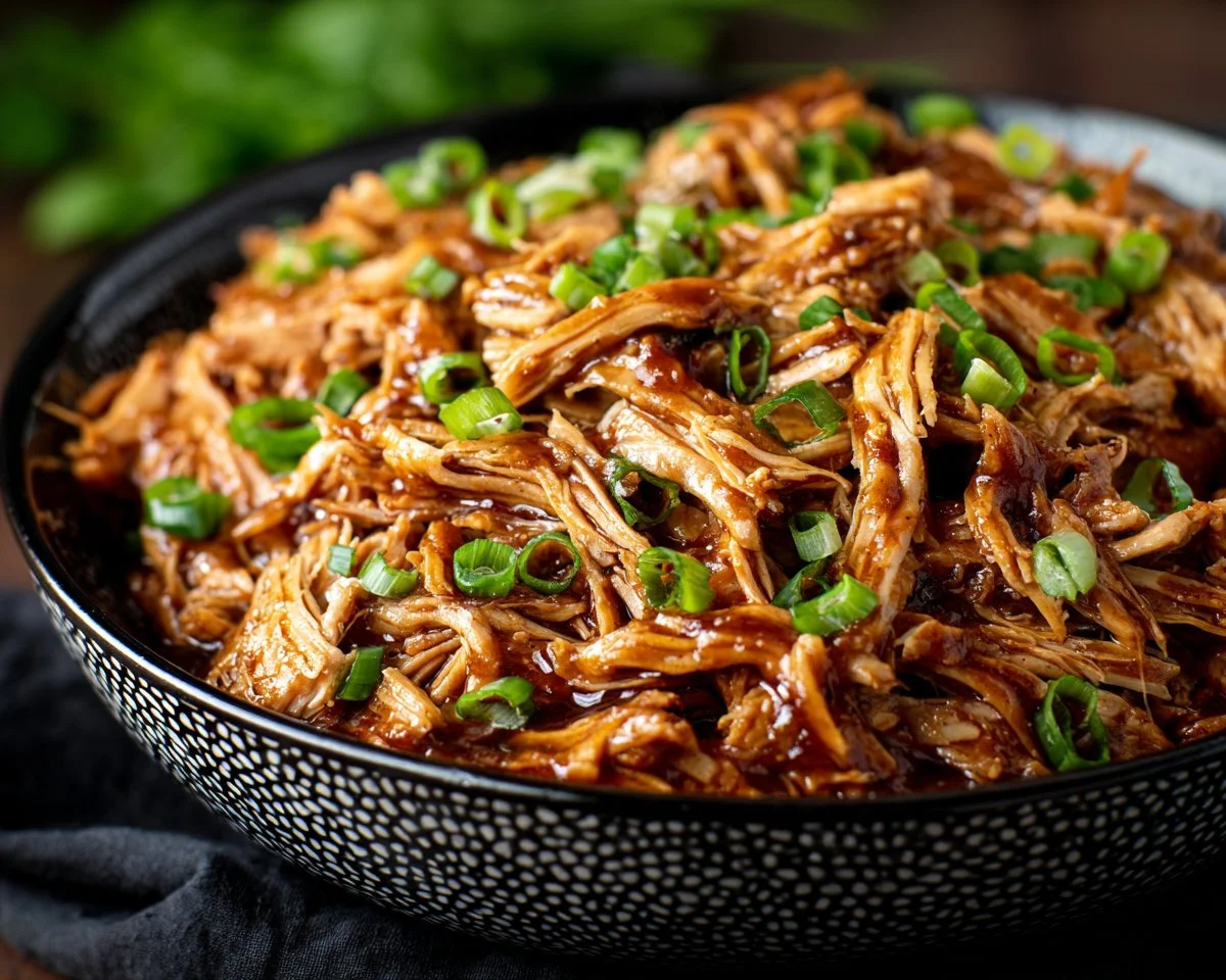 Delicious slow cooker hoisin chicken served on a plate with vegetables.
