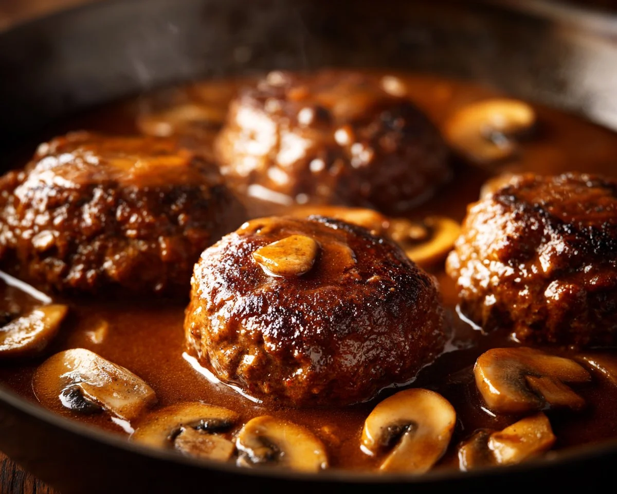 Delicious slow cooker Salisbury steak served with gravy and mashed potatoes
