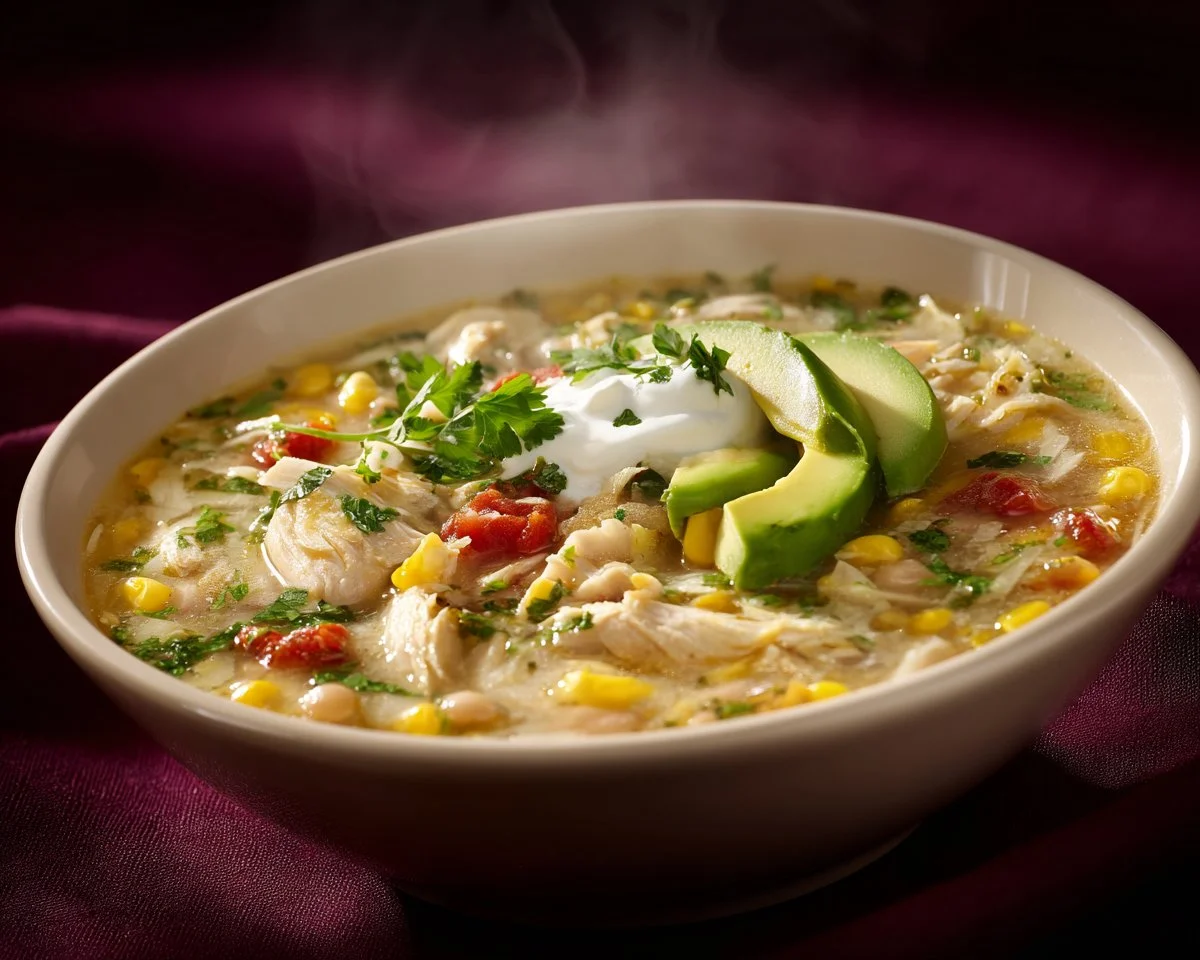 Bowl of slow cooker white chicken chili topped with cilantro and avocado