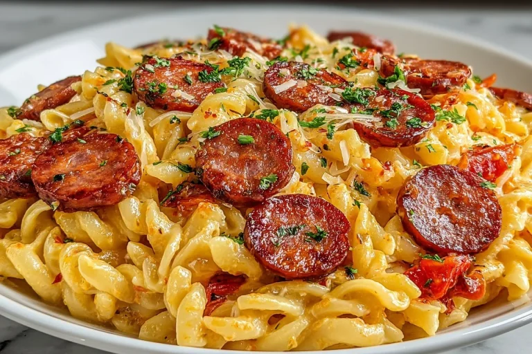 Smoked beef sausage and mozzarella pasta dish garnished with herbs.