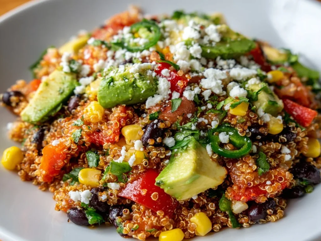 Delicious Southwest quinoa salad with colorful vegetables and herbs