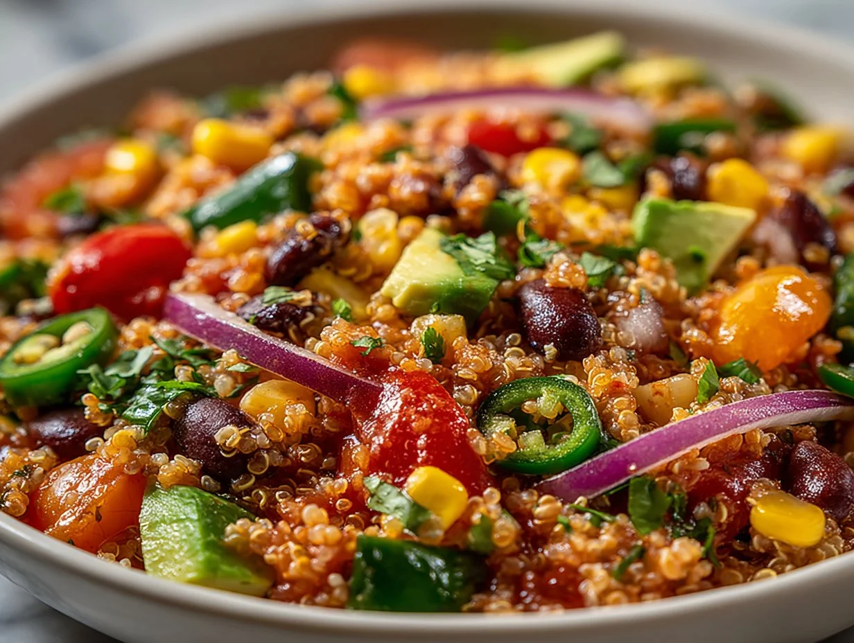 Colorful Southwest Quinoa Salad with fresh vegetables and dressing
