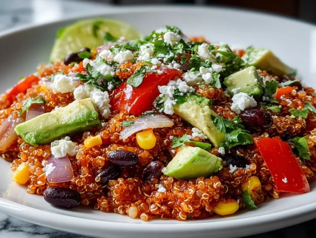 Colorful Southwest quinoa salad topped with fresh vegetables and dressing.