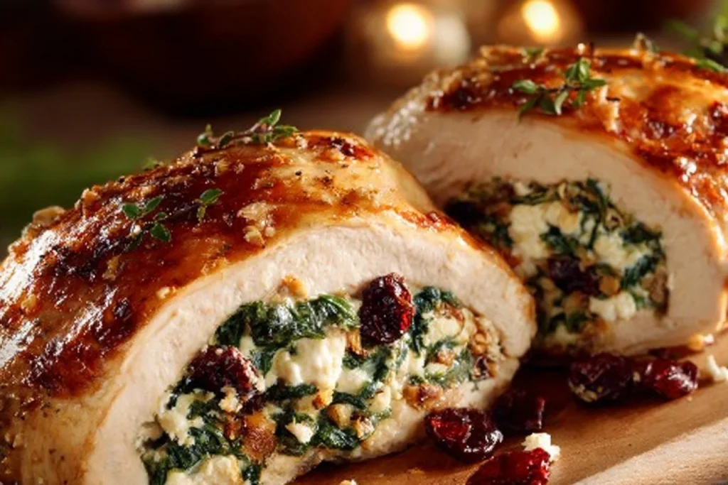 Spinach and cranberry stuffed chicken breasts on a plate garnished with herbs